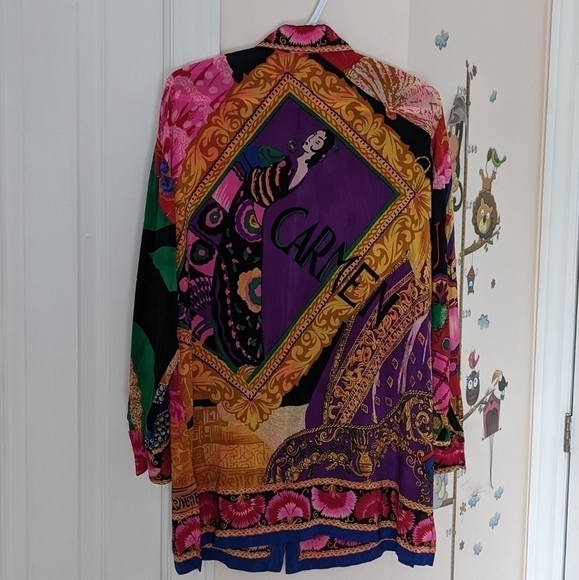 Vintage silk blend bright abstract floral print silk shirt Carmen back Large T3 - Picture 3 of 8